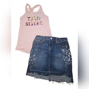 Pink Sequin 'Best Sisters' Tank with Painted Denim Skirt